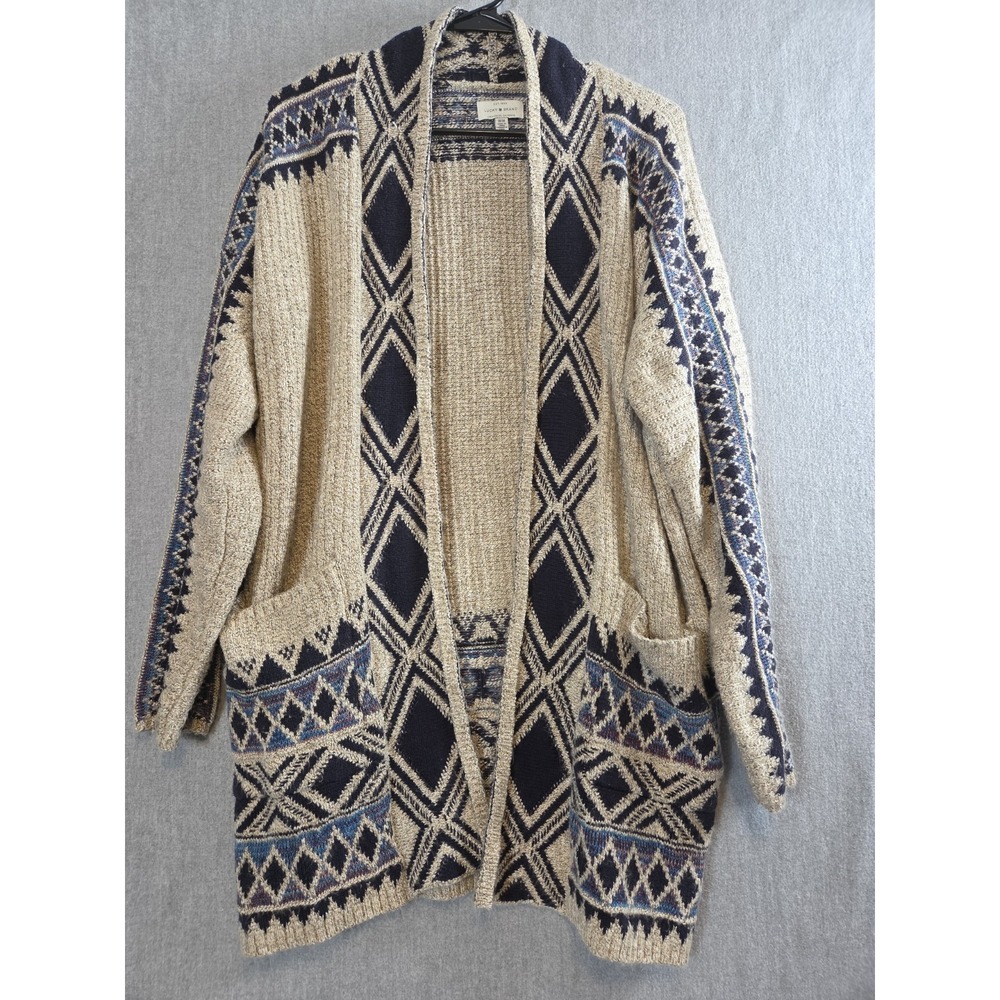 Lucky Brand Sweater M Beige Navy Tribal Southwestern Open Front Cardigan Boho
